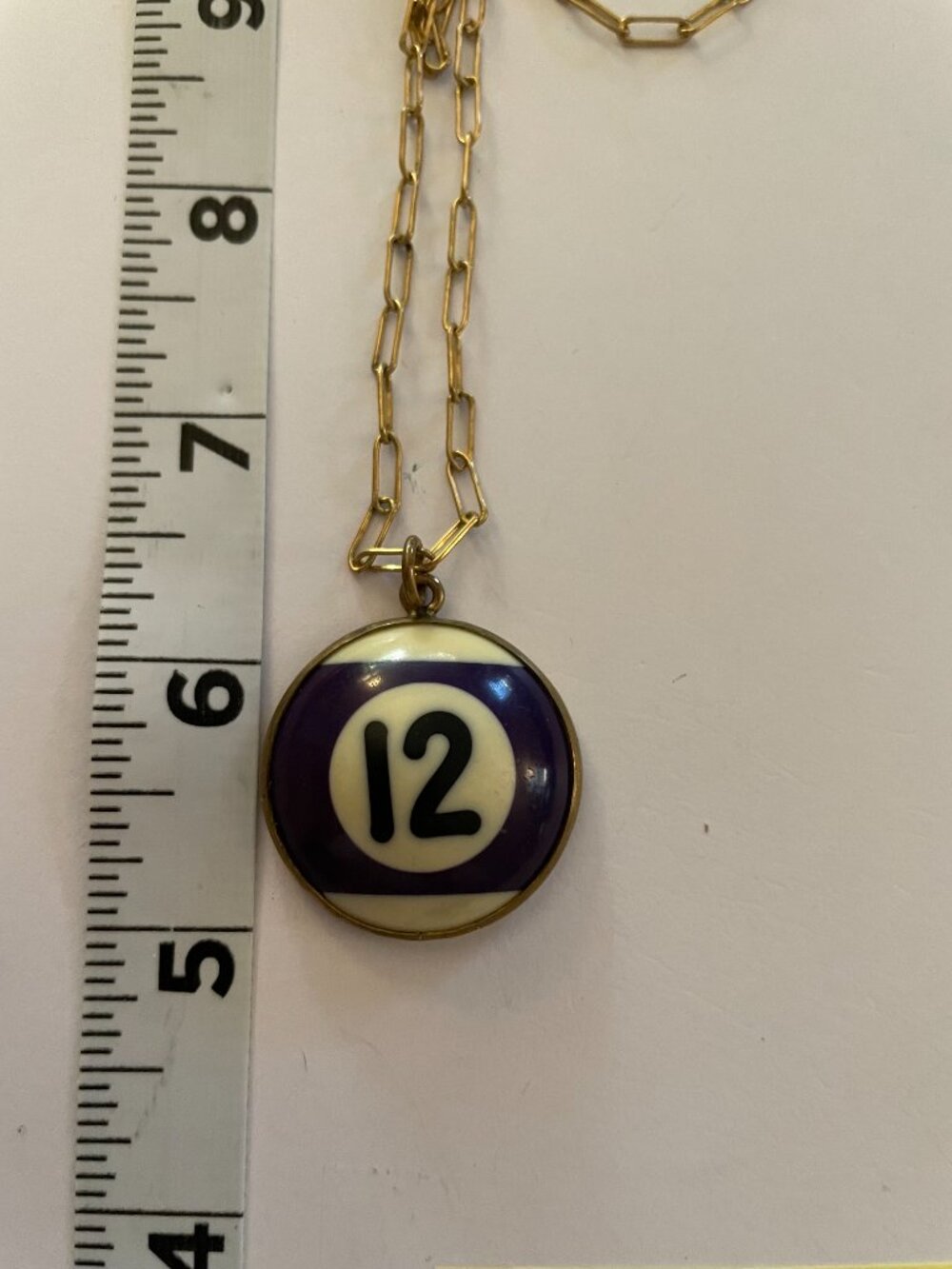 Vintage Necklace Billiard Ball 12 Brass 24" Retro Upcycled Handmade OOAK Art $98 - Picture 8 of 9